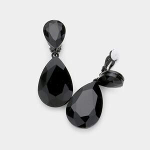 Clip on 1 3/4" black stone double teardrop earrings